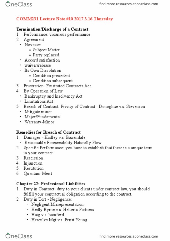 COMM231 Lecture Notes - Lecture 10: Helen Baxendale, Condition Subsequent, Condition Precedent thumbnail