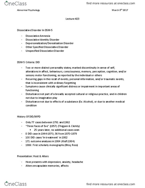 PSYCH 2AP3 Lecture Notes - Lecture 23: Handedness, Headache, Dissociative Identity Disorder thumbnail