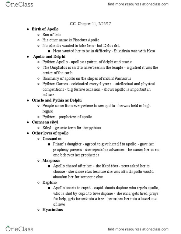 C C 303 Chapter Notes - Chapter 11: Cyparissus, Cumaean Sibyl, Pythian Games thumbnail