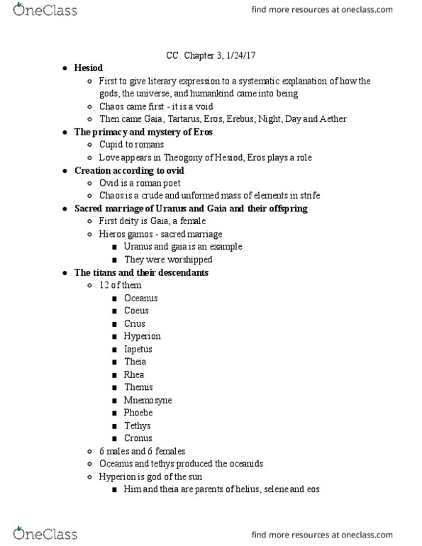 C C 303 Chapter Notes - Chapter 3: Oceanid, Castration, Hieros Gamos thumbnail