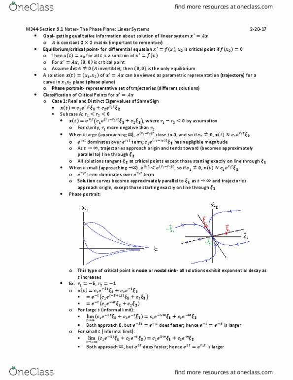 MATH-M 344 Chapter Notes - Chapter 9: Saddle Point, Phase Portrait, Exponential Decay thumbnail