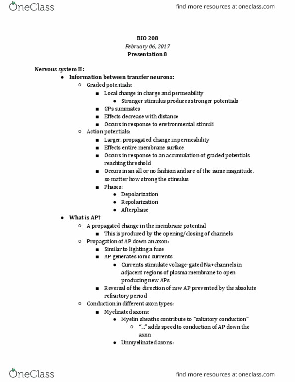 BIO 208 Lecture Notes - Lecture 8: Myelin, Acetylcholine, Neuromuscular Junction thumbnail