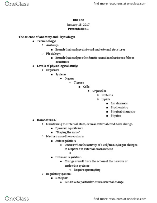 BIO 208 Lecture Notes - Lecture 1: Endocrine System, Dynamic Equilibrium, Autoregulation thumbnail