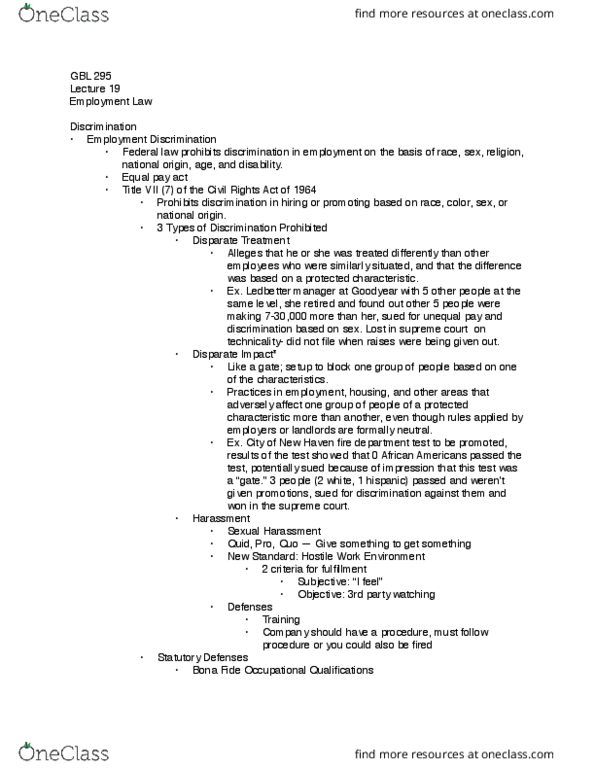 GBL 295 Lecture Notes - Lecture 19: Johnson Controls, Civil Rights Act Of 1964 thumbnail