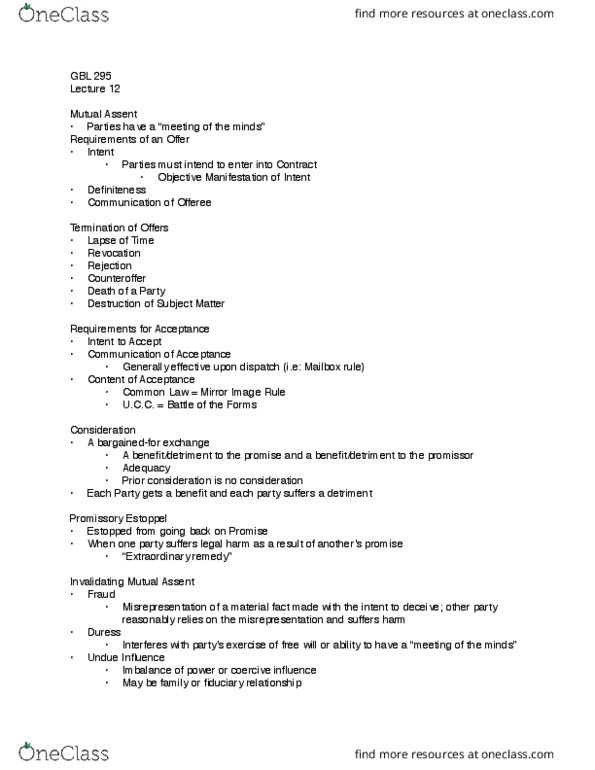 GBL 295 Lecture Notes - Lecture 12: Posting Rule, Estoppel thumbnail