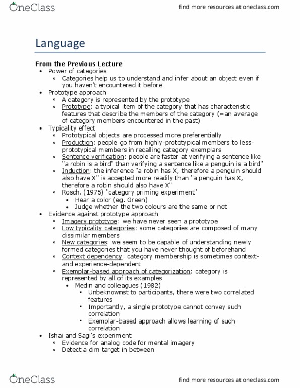 PSY270H5 Lecture Notes - Lecture 9: Eleanor Rosch, Szymon Winawer, Common Logarithm thumbnail