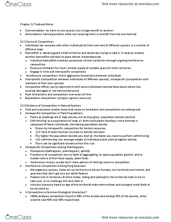 BIOLOGY 2F03 Chapter Notes - Chapter 13: Interspecific Competition, Intraspecific Competition, Damselfish thumbnail