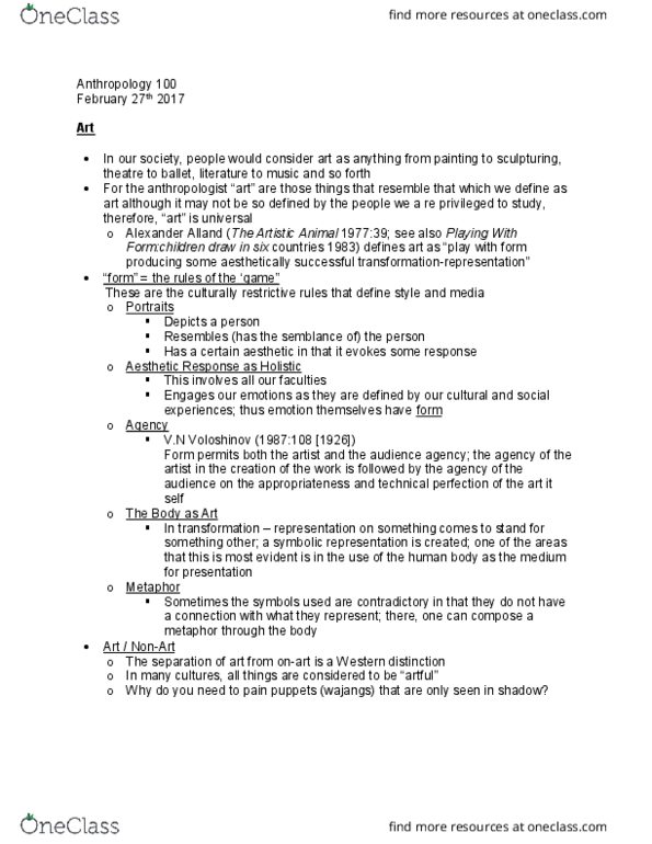 ANTH 100 Lecture Notes - Lecture 6: Gregory Bateson, Savitr, Stewart Culin thumbnail