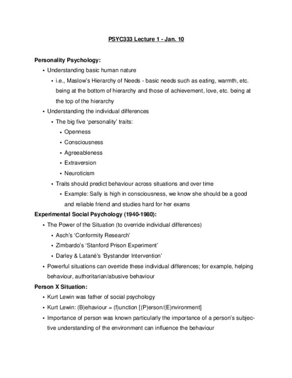 PSYC 333 Lecture Notes - Stanford Prison Experiment, Kurt Lewin, Extraversion And Introversion thumbnail