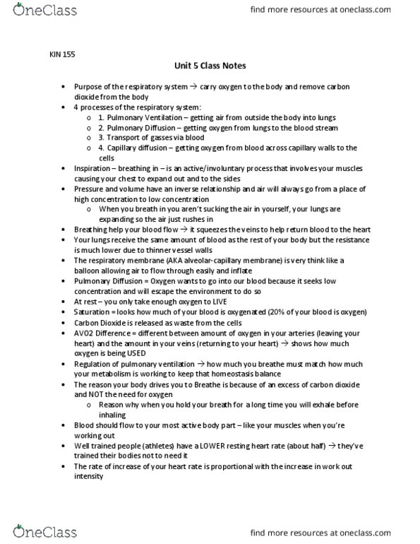 KIN 155 Lecture Notes - Lecture 5: Breathing, Stroke Volume, Cardiac Output thumbnail