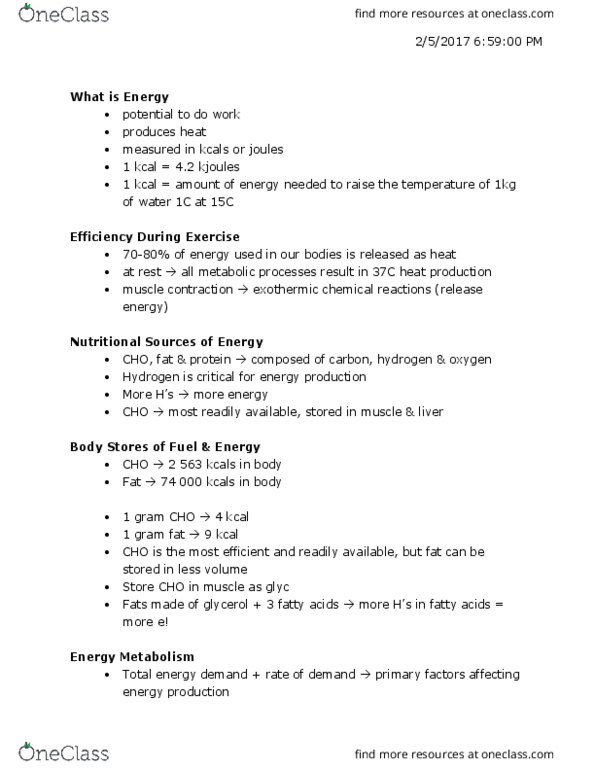 Kinesiology 2230A/B Lecture Notes - Lecture 1: Endergonic Reaction, Exergonic Reaction, Cellular Respiration thumbnail