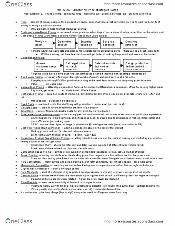 MKTG 300 Chapter Notes - Chapter 10: Nordstrom, Experience Curve Effects, Whole Foods Market thumbnail