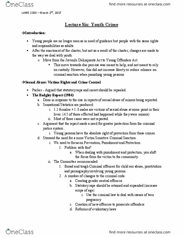 LAWS 3306 Lecture Notes - Lecture 6: Youth Criminal Justice Act, Statutory Rape, The Young Offenders thumbnail