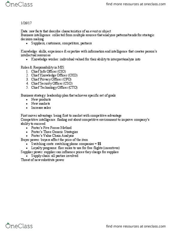 MIS 180 Lecture Notes - Lecture 1: Competitive Intelligence, Switching Barriers, Supply Chain thumbnail