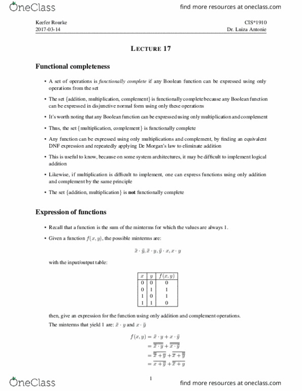 CIS 1910 Lecture Notes - Lecture 17: Disjunctive Normal Form, Boolean Function, Boolean Expression thumbnail