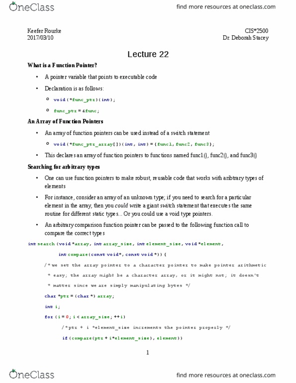 CIS 2500 Lecture Notes - Lecture 22: Function Pointer, Void Type, Switch Statement thumbnail
