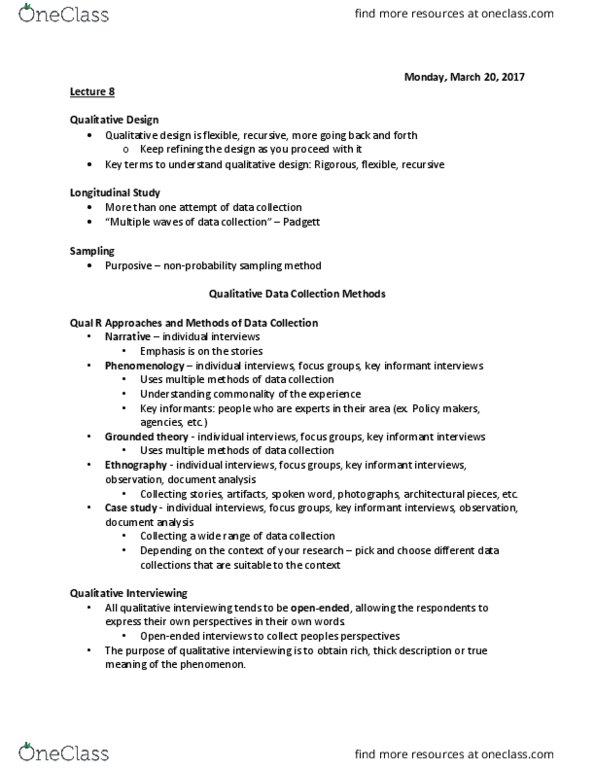 SWP 638 Lecture Notes - Lecture 8: Semi-Structured Interview, Chat Room, Nonprobability Sampling thumbnail