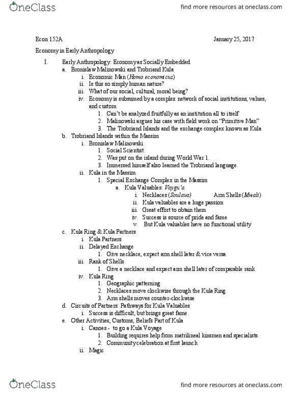 ECON 152A Lecture Notes - Lecture 3: Trobriand Islands, Homo Economicus, Kula Ring thumbnail