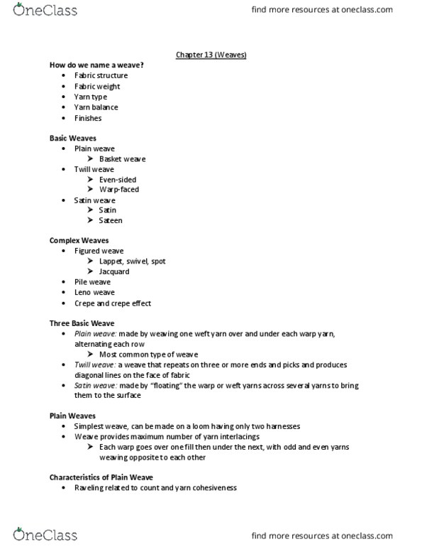 CTD 261 Lecture Notes - Lecture 21: Plain Weave, Pile Weave, Broadcloth thumbnail