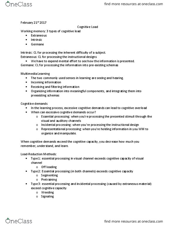 TE 150 Lecture Notes - Lecture 9: Cognitive Load, Instructional Design, Working Memory thumbnail