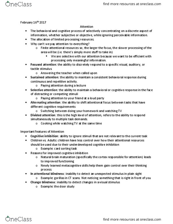 TE 150 Lecture Notes - Lecture 8: Cognitive Inhibition, Attention, Change Blindness thumbnail