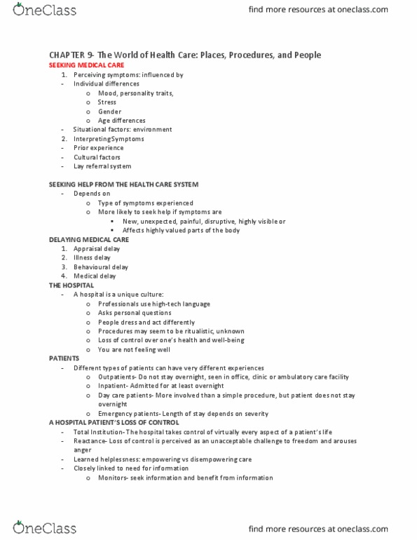 PSYC 332 Lecture Notes - Lecture 9: Pain Management, Patient Education, Flight Controller thumbnail