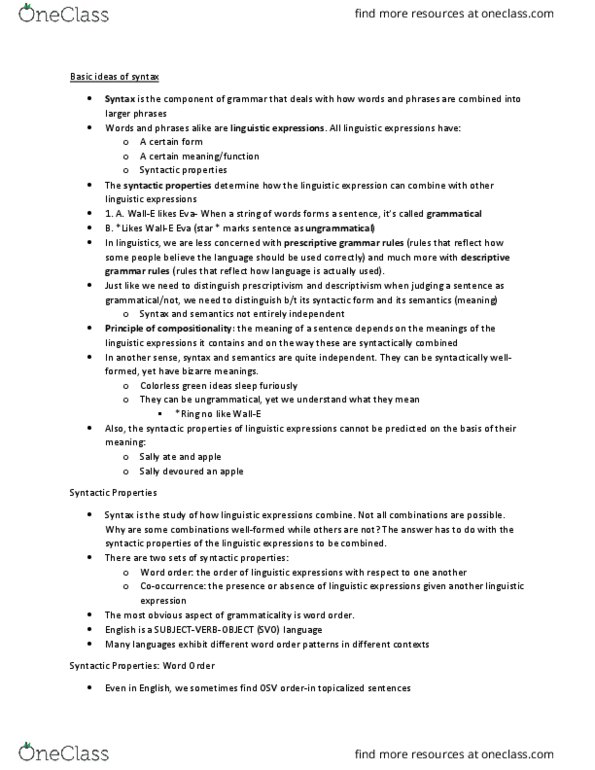 LIN 3010 Lecture Notes - Lecture 5: Colorless Green Ideas Sleep Furiously, Principle Of Compositionality thumbnail