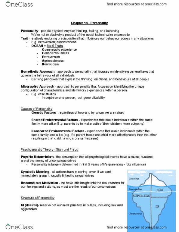 PSY 202 Chapter Notes - Chapter 14: Sigmund Freud, Reality Principle, Trait Theory thumbnail