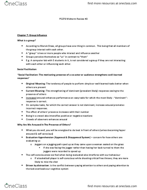 PS270 Lecture Notes - Lecture 69: Social Loafing, Deindividuation, Social Facilitation thumbnail