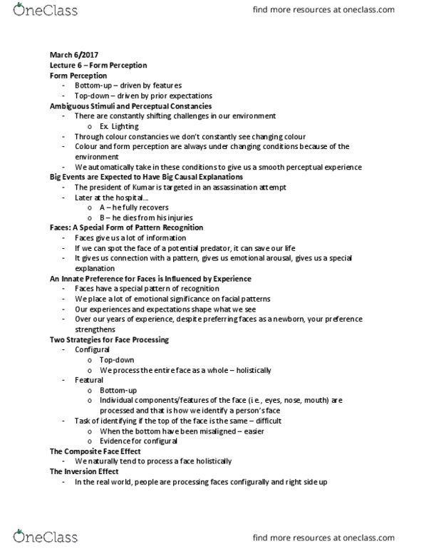 PSYCH 1XX3 Lecture Notes - Lecture 6: Face Perception, Face Detection thumbnail