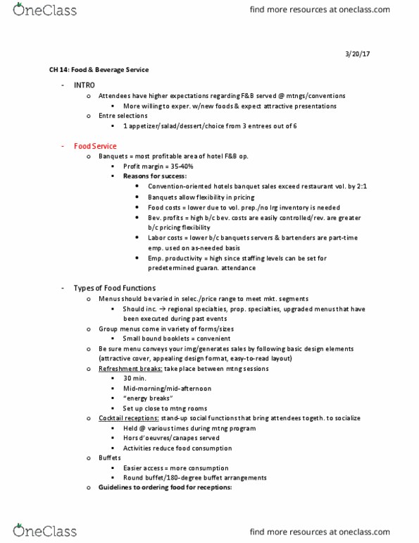 RECR 470 Chapter Notes - Chapter 14: No Charge, Finger Food, Avail thumbnail