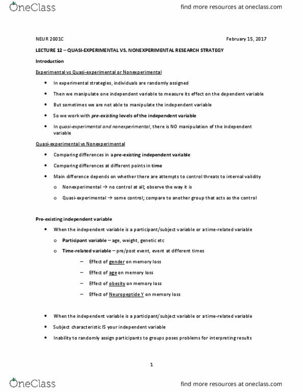 NEUR 2001 Lecture Notes - Lecture 12: Treatment And Control Groups, Experiment, Interrupted Time Series thumbnail