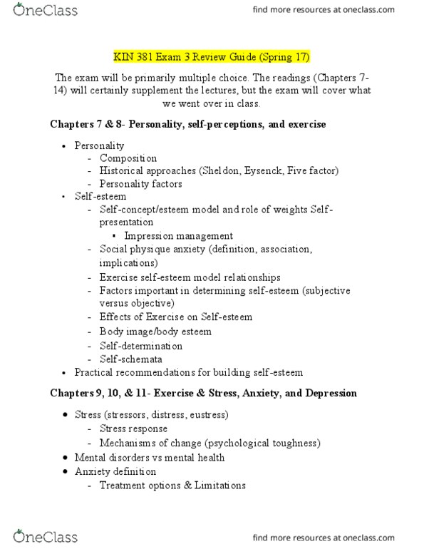 KIN 381 Study Guide Spring 2017, Final Impression Management, Eustress