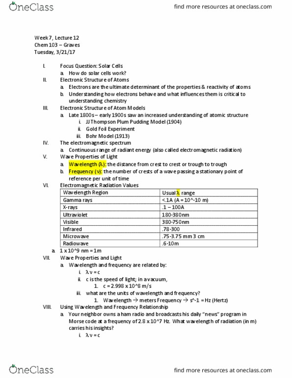 CHEM103 Lecture Notes - Lecture 12: Shining Light, Joule, Electromagnetic Spectrum thumbnail