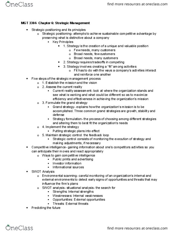 MGT 3304 Chapter Notes - Chapter 6: Strategic Management, Swot Analysis, Scenario Analysis thumbnail
