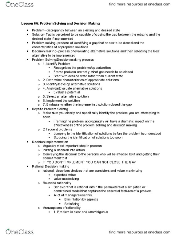 MGT 3304 Lecture Notes - Lecture 6: Problem Solving, Frame Problem, Bounded Rationality thumbnail