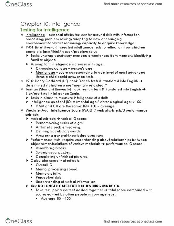 PSYC100 Chapter Notes - Chapter 10: Verbal Fluency Test, Theory Of Multiple Intelligences, Intellectual Disability thumbnail