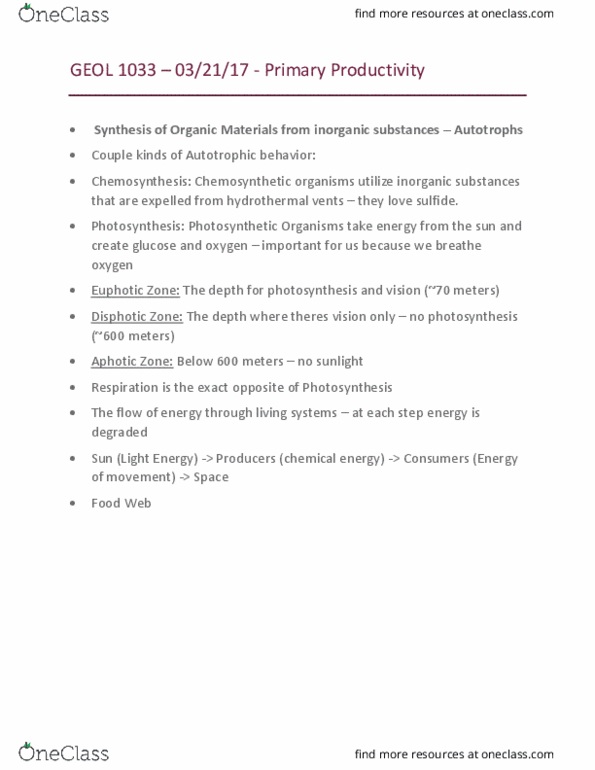 GEOL 1033 Lecture Notes - Lecture 11: Primary Production, Apex Predator, Prochlorococcus thumbnail