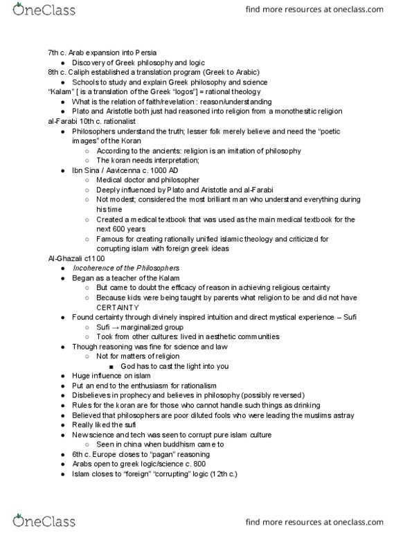 MMW 12 Lecture Notes - Lecture 10: Avicenna, Al-Farabi, Ancient Greek Philosophy thumbnail