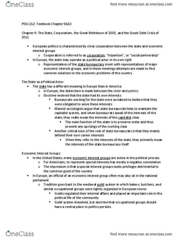 POLI 212 Chapter Notes - Chapter 9-10: Corporatism, Trade Union, Parliamentary System thumbnail