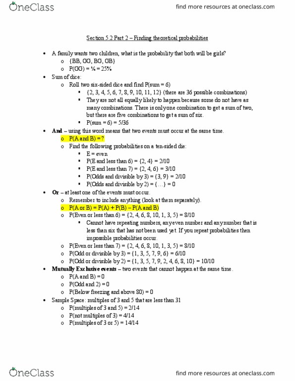 MATH 1150 Lecture Notes - Lecture 14: 5,6,7,8, Sample Space thumbnail