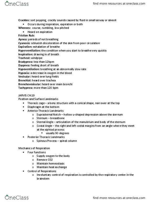 NURSING 1J02 Chapter Notes - Chapter 19: Bradypnea, Respiratory Sounds, Respiratory Center thumbnail