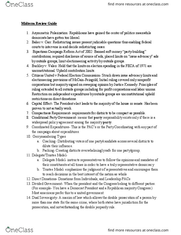 POS 4424 Lecture Notes - Lecture 11: Bipartisan Campaign Reform Act, Federal Election Campaign Act, Dave Brat thumbnail
