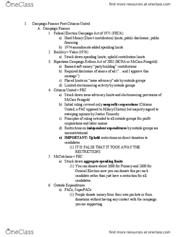 POS 4424 Lecture Notes - Lecture 7: Bipartisan Campaign Reform Act, Federal Election Campaign Act, Issue Advocacy Ads thumbnail