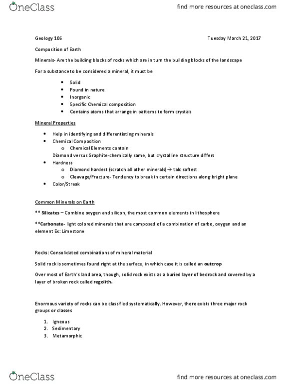 GEOG106 Lecture Notes - Lecture 6: Talc, Regolith, Lithosphere thumbnail