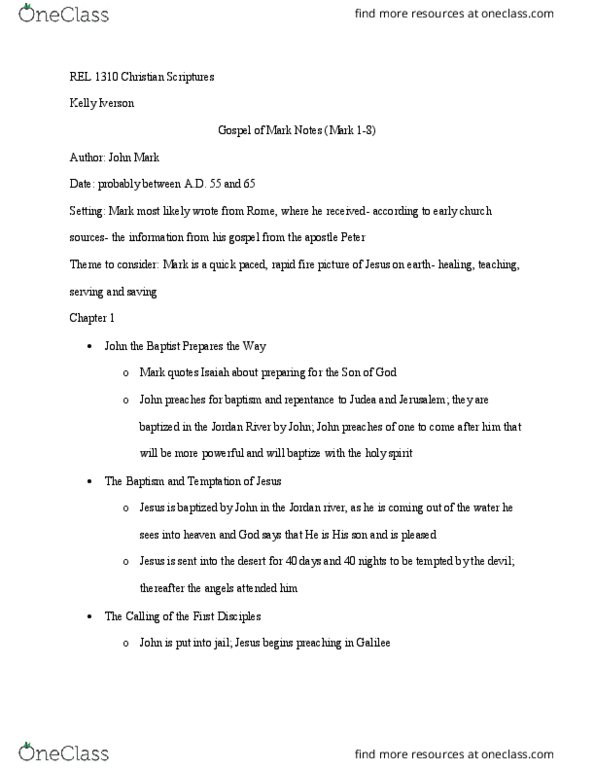 REL 1310 Chapter Notes - Chapter Gospel of Mark: Capernaum, Pharisees, Clean Hands thumbnail