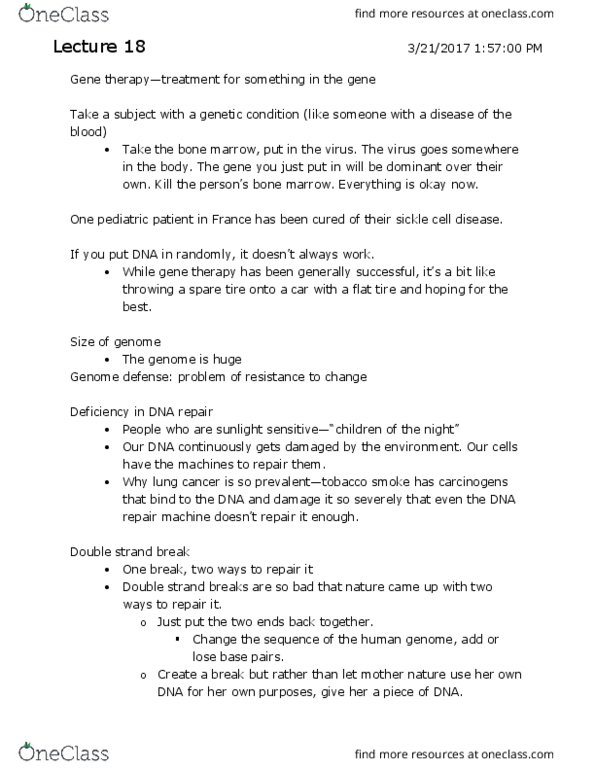 L & S C30Y Lecture Notes - Lecture 18: Cas9, Bacteriophage, Sickle-Cell Disease thumbnail