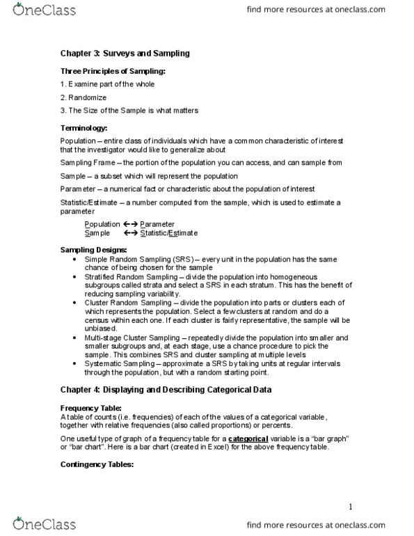 COMM 291 Lecture Notes - Lecture 2: Marginal Distribution, Bar Chart, Cluster Sampling thumbnail