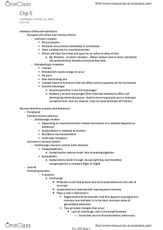 PSY 2301 Lecture Notes - Lecture 5: Acetylcholinesterase, Frontal Lobe, Auditory Cortex thumbnail