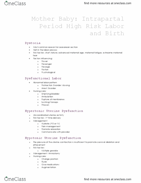 NURS 3330 Lecture Notes - Lecture 8: Advanced Maternal Age, Uterine Rupture, Artificial Rupture Of Membranes thumbnail